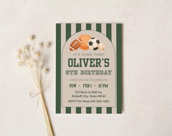 Invitación para fiesta deportiva de baloncesto, béisbol y fútbol. Plantilla digital editable de Canva. Imprimible.
