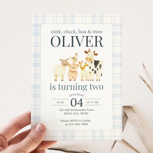 May include: A light blue and white plaid-patterned invitation card with the text "OLIVER" and "is turning two". The card features watercolor illustrations of farm animals. The date is June 4th at 9 AM.