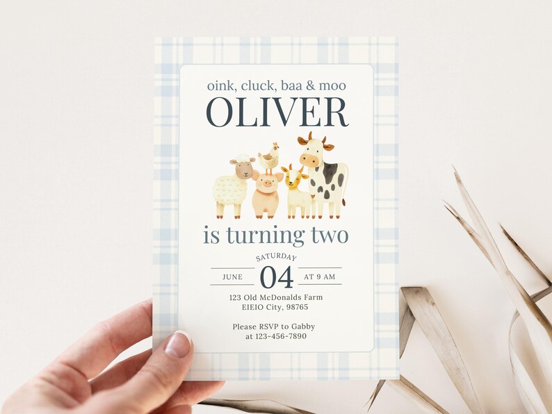 May include: A light blue and white plaid-patterned invitation card with the text "OLIVER" and "is turning two". The card features watercolor illustrations of farm animals. The date is June 4th at 9 AM.