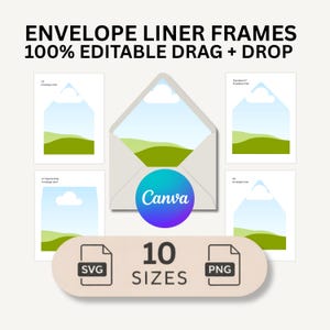 May include: An image showcasing envelope liner frames with the text "ENVELOPE LINER FRAMES 100% EDITABLE DRAG + DROP". The design includes a central open envelope and four smaller envelope designs, with a "Canva" logo and icons for SVG and PNG formats, and the text "10 SIZES".