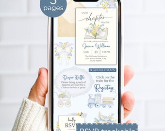 Digital Book Boy Baby Shower Invitation with RSVP & Registry Links, New Chapter Begins, Canva Template Text Invite