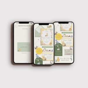 May include: Three smartphones displaying baby shower invitations. The designs feature Winnie the Pooh illustrations, soft yellow and green color schemes, and text including "Diaper Raffle" and "Save the Date March 23rd."