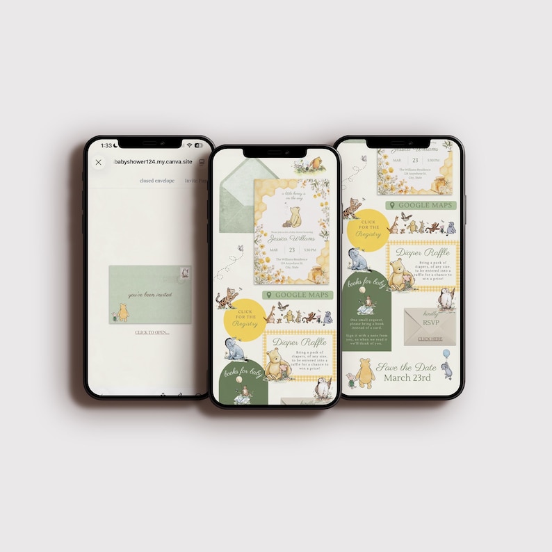 May include: Three smartphones displaying baby shower invitations. The designs feature Winnie the Pooh illustrations, soft yellow and green color schemes, and text including "Diaper Raffle" and "Save the Date March 23rd."