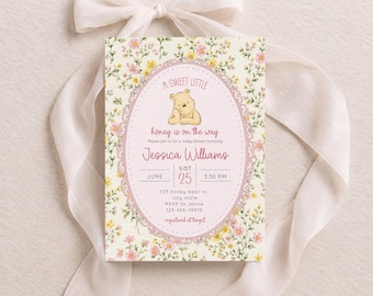 Storybook Classic Bear Baby Shower Invitation for Girl, Editable Floral Canva Invite, Digital Download