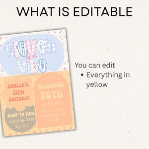 May include: A customizable invitation with the text "Eleven is a Vibe." The invitation includes editable fields for a birthday party, with the text "Amelia's 11th Birthday" and the date "December 26th."