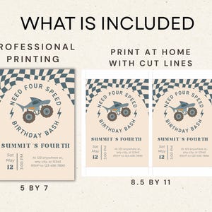 Print-at-home monster truck invitation and thank you card layout, two per 8.5x11 inch page. Easy to print on standard letter paper for a retro boho monster jam birthday.
