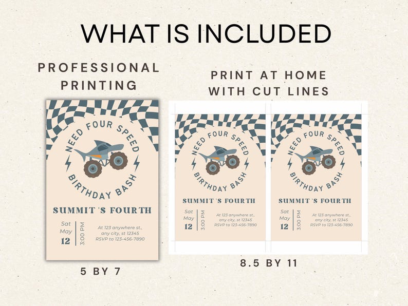 Print-at-home monster truck invitation and thank you card layout, two per 8.5x11 inch page. Easy to print on standard letter paper for a retro boho monster jam birthday.