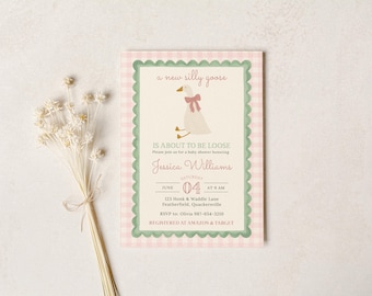 Girl Silly Goose Invite | Mother Goose Baby Shower | Vintage Pastel | Digital Download | Editable Canva | W6K7