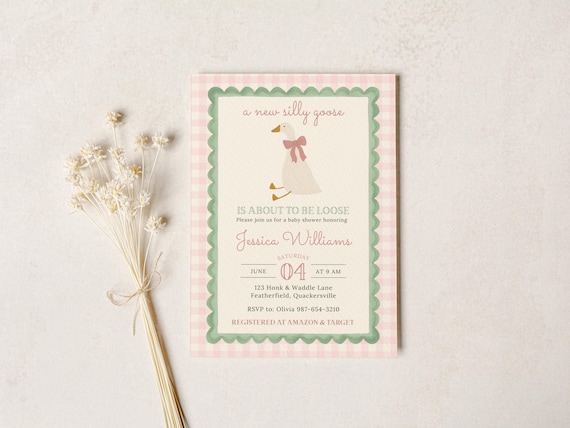 Girl Silly Goose Invite | Mother Goose Baby Shower | Vintage Pastel | Digital Download | Editable Canva | W6K7