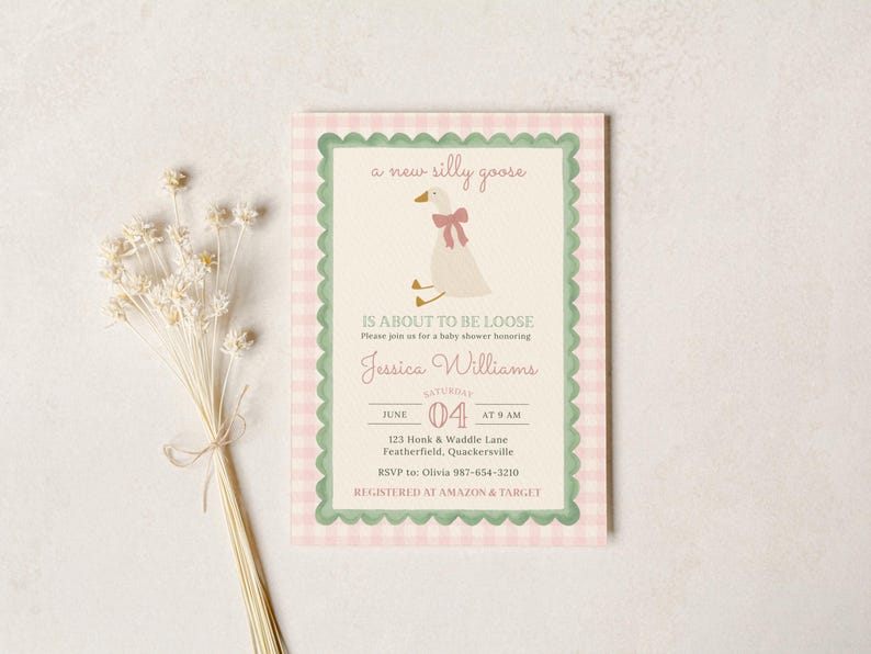 Invitación de ganso tonto para niña / Baby shower de mamá ganso / Pastel vintage / Descarga digital / Canva editable / W6K7 imagen 1