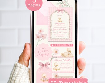 Invitación digital rosa para baby shower con Silly Goose y confirmación de asistencia, invitación con lazo rosa, invitación digital vintage con estampado de cuadros vichy para niña, editable en Canva.