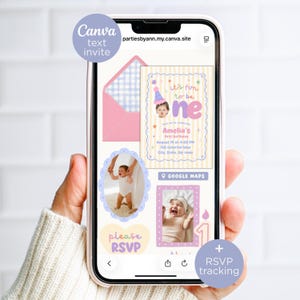 Pode incluir: Uma tela de smartphone exibindo um modelo de convite de aniversário digital com listras amarelo pastel, detalhes em rosa e azul e fotos de um bebê. O texto diz it's fun to be one, Amelia's first birthday e please RSVP.