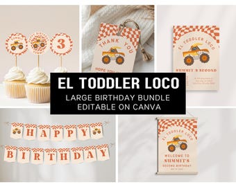 El Toddler Loco Birthday Bundle | Editable Monster Truck Party Decor Printable | Monster Jam Canva Template | Custom Sign