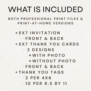 May include: Text on a cream-colored background lists the contents of a print package. The text reads "WHAT IS INCLUDED" followed by a list of items: 5x7 invitations, front and back, 5x7 thank you cards with two designs, thank you tags.