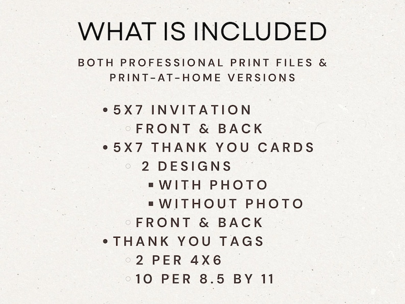 May include: Text on a cream-colored background lists the contents of a print package. The text reads "WHAT IS INCLUDED" followed by a list of items: 5x7 invitations, front and back, 5x7 thank you cards with two designs, thank you tags.