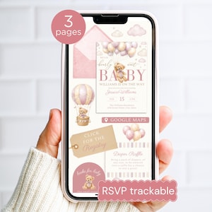 Pink Baby Shower Girl Invitation Template, Editable Digital Bearly Wait Invite with Trackable RSVP, Teddy Bear Balloons Evite Canva Template