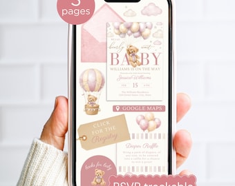 Rosa Babyparty-Mädchen-Einladungsvorlage, bearbeitbare digitale Bären-Wartezeit einladen mit nachverfolgbarer U.S.P., Teddybär-Ballonballons Evite Canva-Vorlage