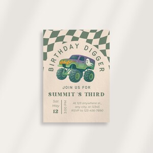 May include: Birthday invitation featuring a monster truck with a ghost graphic. The text reads "Birthday Digger" and "Join us for Summit's Third". Includes date, time, and RSVP information. The background has a green and white checkered pattern.