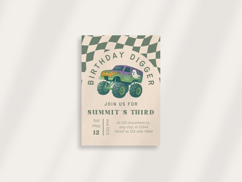 May include: Birthday invitation featuring a monster truck with a ghost graphic. The text reads "Birthday Digger" and "Join us for Summit's Third". Includes date, time, and RSVP information. The background has a green and white checkered pattern.