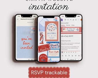 Invitación web para baby shower del 4 de julio con confirmación de asistencia rastreable / Plantilla editable de Canva con la bandera de Estados Unidos e invitación animada.