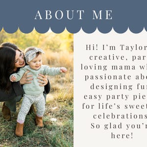 K&ouml;nnte beinhalten: Bild mit dem Text "ABOUT ME" oben. Eine Frau h&auml;lt ein Baby in einem Feld. Der Text rechts lautet "Hi! I'm Taylor, a creative, party loving mama..." und erw&auml;hnt das Entwerfen von Partyartikeln.