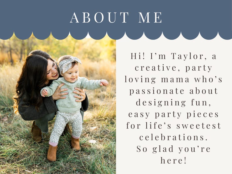 K&ouml;nnte beinhalten: Bild mit dem Text "ABOUT ME" oben. Eine Frau h&auml;lt ein Baby in einem Feld. Der Text rechts lautet "Hi! I'm Taylor, a creative, party loving mama..." und erw&auml;hnt das Entwerfen von Partyartikeln.