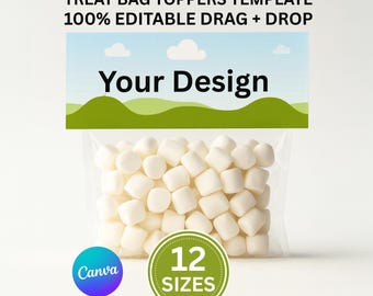 Pacote de modelos editáveis para toppers de saquinhos de doces | Vários tamanhos Canva + SVG | Etiquetas imprimíveis para lembrancinhas de festa | Faça você mesmo seu topper para saquinhos de doces | Download instantâneo