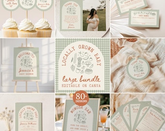 Paquete para baby shower con productos locales / Invitación al mercado de agricultores / Juegos para baby shower / Letreros de jardinería a cuadros verdes / Plantilla editable de Canva