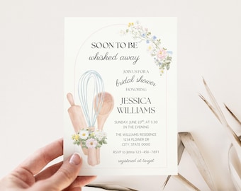 Baking Bridal Shower Invitation | Cooking Whisked Away Bride Invite Elegant Floral | Editable Canva Template Digital Download