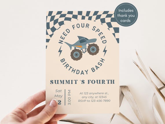 Need Four Speed Monster Truck 4th Birthday Invitation | Editable Canva Retro Boho Fourth Digital | H3P9