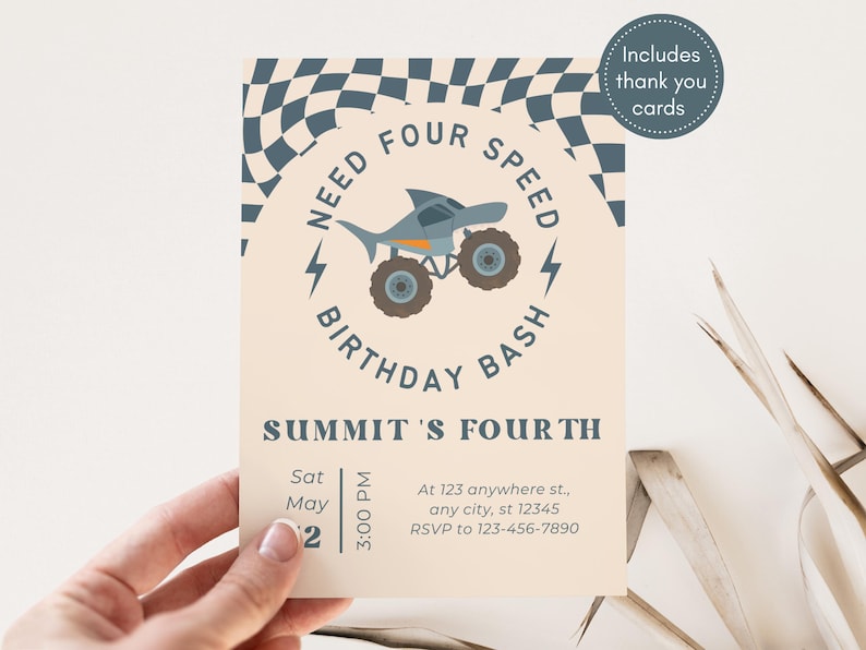 Editable Canva template bundle featuring Need Four Speed monster truck 4th birthday invitation and matching thank you card. Retro boho monster jam theme with dirt rally trucks, checkered accents, and printable 5x7 layout.