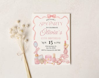 Spa-uitnodiging voor meisjes| Uitnodiging voor verjaardagsfeestje | Bewerkbare canvassjabloon | Zelfverzorgingsfeestje spadag | Direct downloaden
