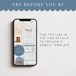 May include: A smartphone displays a baby shower invitation template with a cowboy theme. The design includes cowboy boots, a hat, and the text "A Little Cowboy is on the Way." Additional text encourages users to preview a sample template.