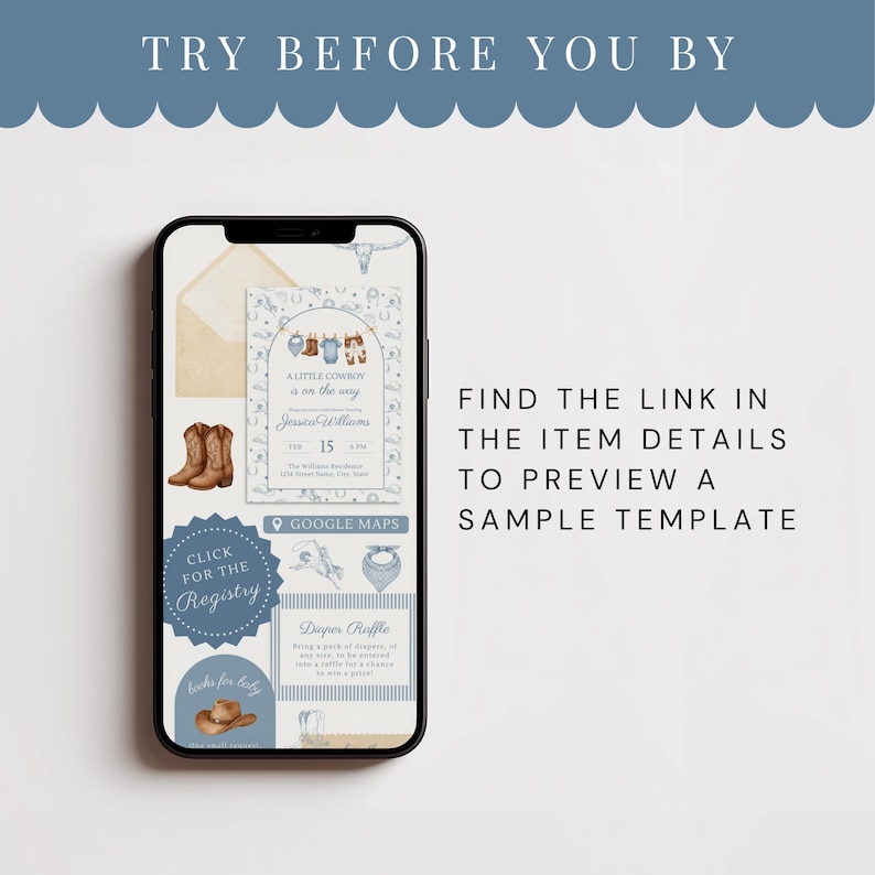 May include: A smartphone displays a baby shower invitation template with a cowboy theme. The design includes cowboy boots, a hat, and the text "A Little Cowboy is on the Way." Additional text encourages users to preview a sample template.
