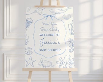 Letrero de bienvenida para baby shower "Sea You Soon", decoración imprimible para baby shower con temática marina, letrero editable para fiesta playera costera B7J1