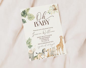 Safari Baby Shower Invitation Template - Editable Gender Neutral Jungle Animals Party Invite, Instant Download