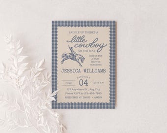 Vintage Cowboy Baby Shower Invitation Digital Template, Vintage Western Rodeo Invite, Baby Boy Rodeo Editable Canva Insert Card Bundle h7v8