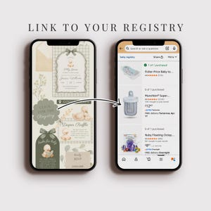 May include: Two smartphones displaying a baby shower invitation and a baby registry. The invitation features text, a bow, and a duck graphic. The registry shows baby products, including a baby bath, bottle, and toy.