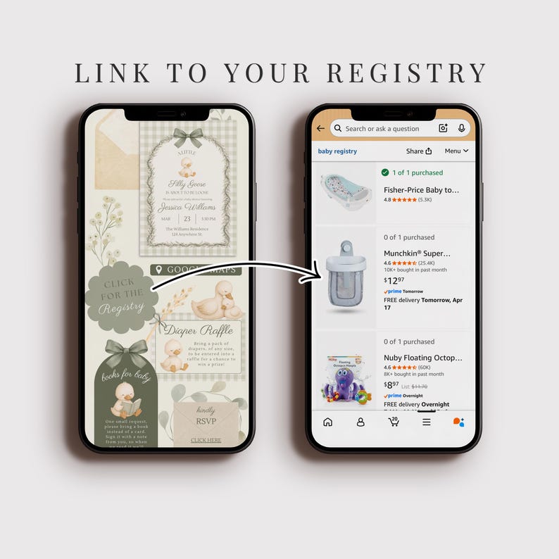 May include: Two smartphones displaying a baby shower invitation and a baby registry. The invitation features text, a bow, and a duck graphic. The registry shows baby products, including a baby bath, bottle, and toy.