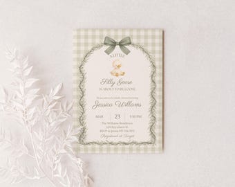 Invitación editable de Silly Goose / Invitación para baby shower a cuadros verde salvia / Mamá Ganso / Género neutro / Plantilla digital de Canva