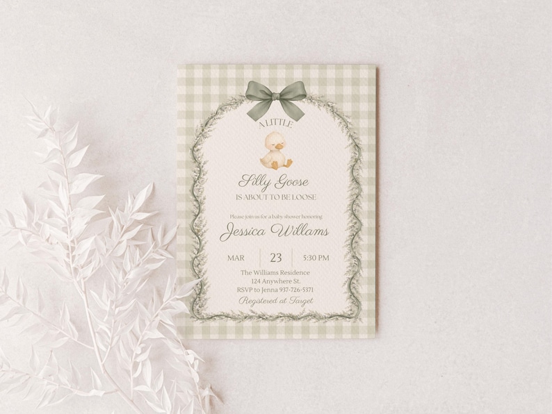 Baby shower invitation with sage green gingham background and cute duck illustration, framed by a soft greenery arch and bow. “A little silly goose is about to be loose” theme, editable Canva template, 5x7 printable invitation in soft watercolor style.