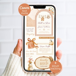 May include: A digital baby shower invitation displayed on a smartphone screen featuring a fall theme with pumpkins, a gingham arch, and baby clothes. The text includes Fall in Love, Jessica Williams, Diaper Raffle, and RSVP details in brown script.