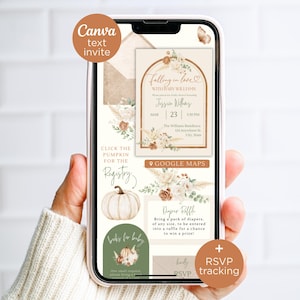 May include: A digital baby shower invitation displayed on a smartphone screen featuring an arched frame, floral arrangements, and a pumpkin graphic. The text includes Falling in love with Baby Williams, Google Maps, Registry, and Diaper Raffle details.