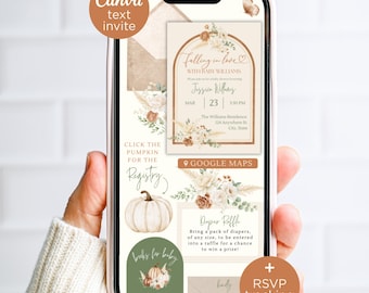 Digital Falling in Love Baby Shower Invitation with RSVP & Registry Links, Boho Fall Canva Template Text Invite