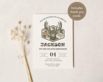 Invitación de cumpleaños de caza / Fiesta infantil con astas de ciervo camufladas / Plantilla editable de Canva / Invitación de ciervo macho / Descarga instantánea imprimible