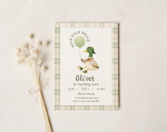 Duck Second Birthday Invitation | Mallard Theme Boy 2nd Invite | Woodland Hunting | Editable Canva Template Digital Download H7Y7