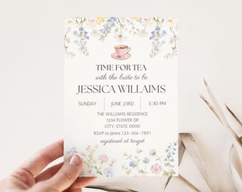 Floral Bridal Shower Tea Party Invitation | Wildflower High Tea Invite | Pastel Garden Spring Summer | Editable Canva Digital Download