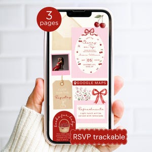 Puede incluir: Un teléfono inteligente muestra una invitación a un baby shower con un tema de cerezas. La invitación incluye texto, una foto de una persona embarazada y gráficos de cerezas y lazos. La invitación es rosa y blanca con el texto "She's the Cherry on Top".