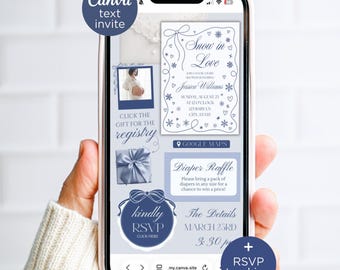 Snow in Love Winter Boy Baby Shower Invitation for Text, Editable Blue Coquette Canva Website Invite, RSVP tracking and registry links