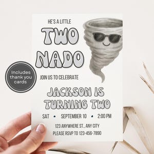 Twonado 2nd Birthday Invitation, Editable Tornado Canva Invite, Storm Chaser Twister Party for Boy or Girl